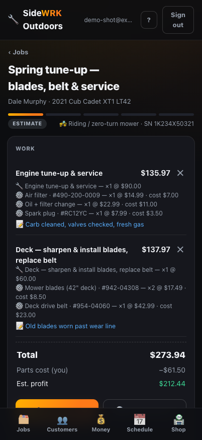 SideWRK Outdoors job screen showing a mower tune-up with labor, parts, and real profit